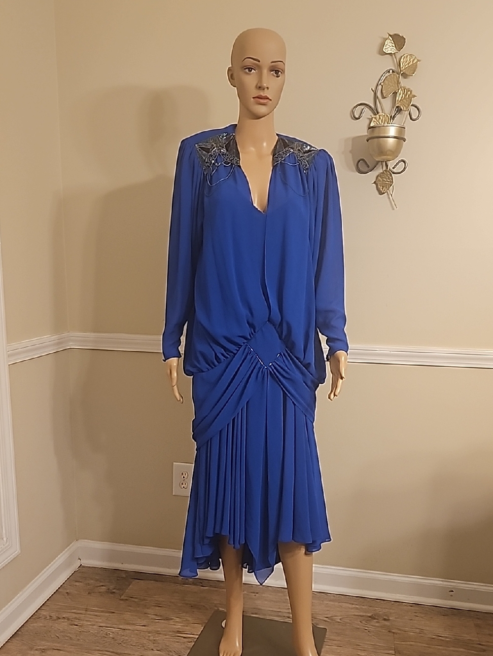 Casadei Royal Blue Long-Sleeve Pleated Knot-Detail Vintage Dress